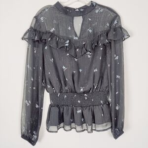 English Factory Women's Medium Floral Ruffle Sheer Long Sleeve Blouse Grunge